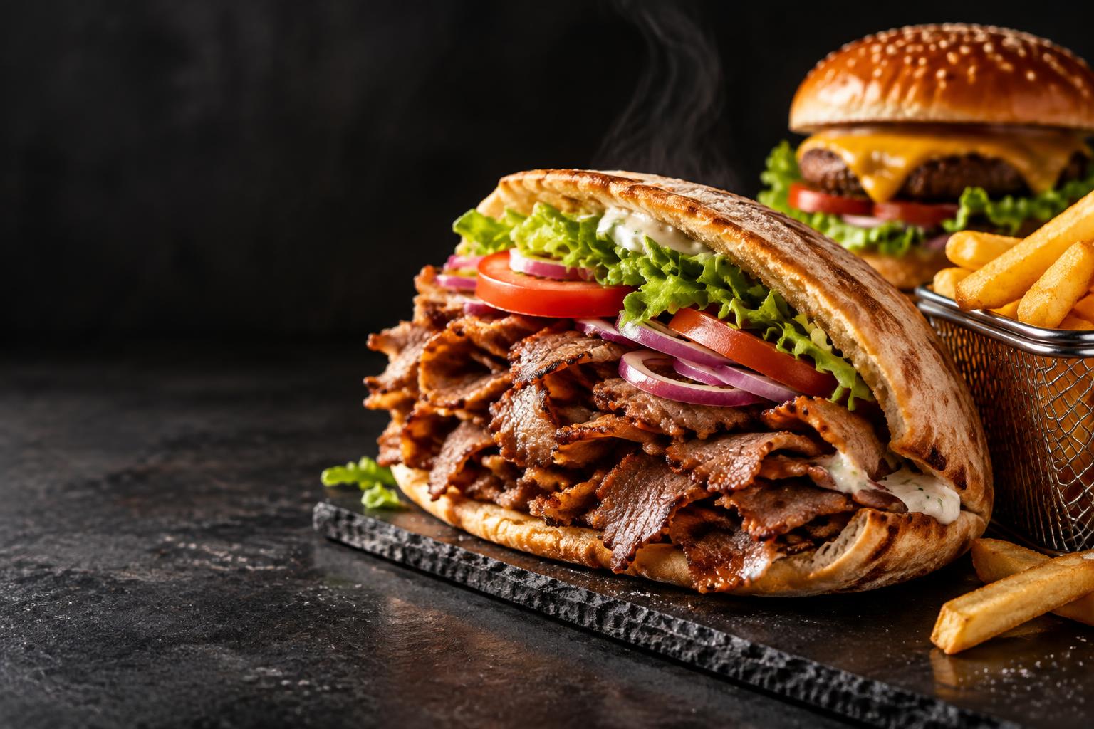 Kebab généreux, burger et frites dorées — illustration de nos spécialités